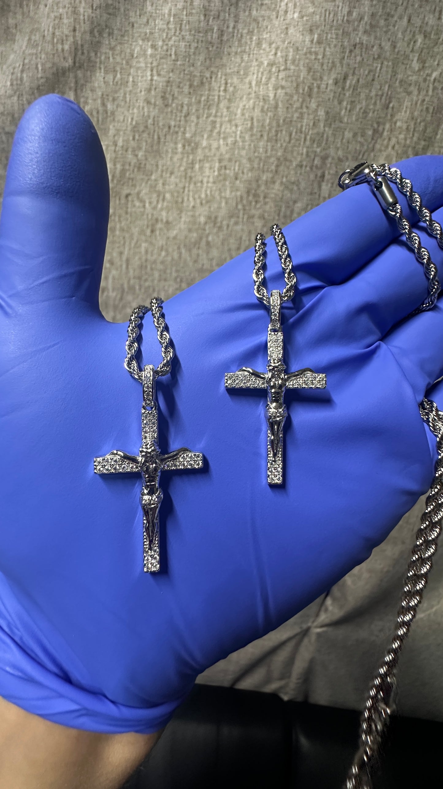 Mini Iced Crucifix Pendant w/ 3MM Rope Chain (925 Silver, Moissanite)