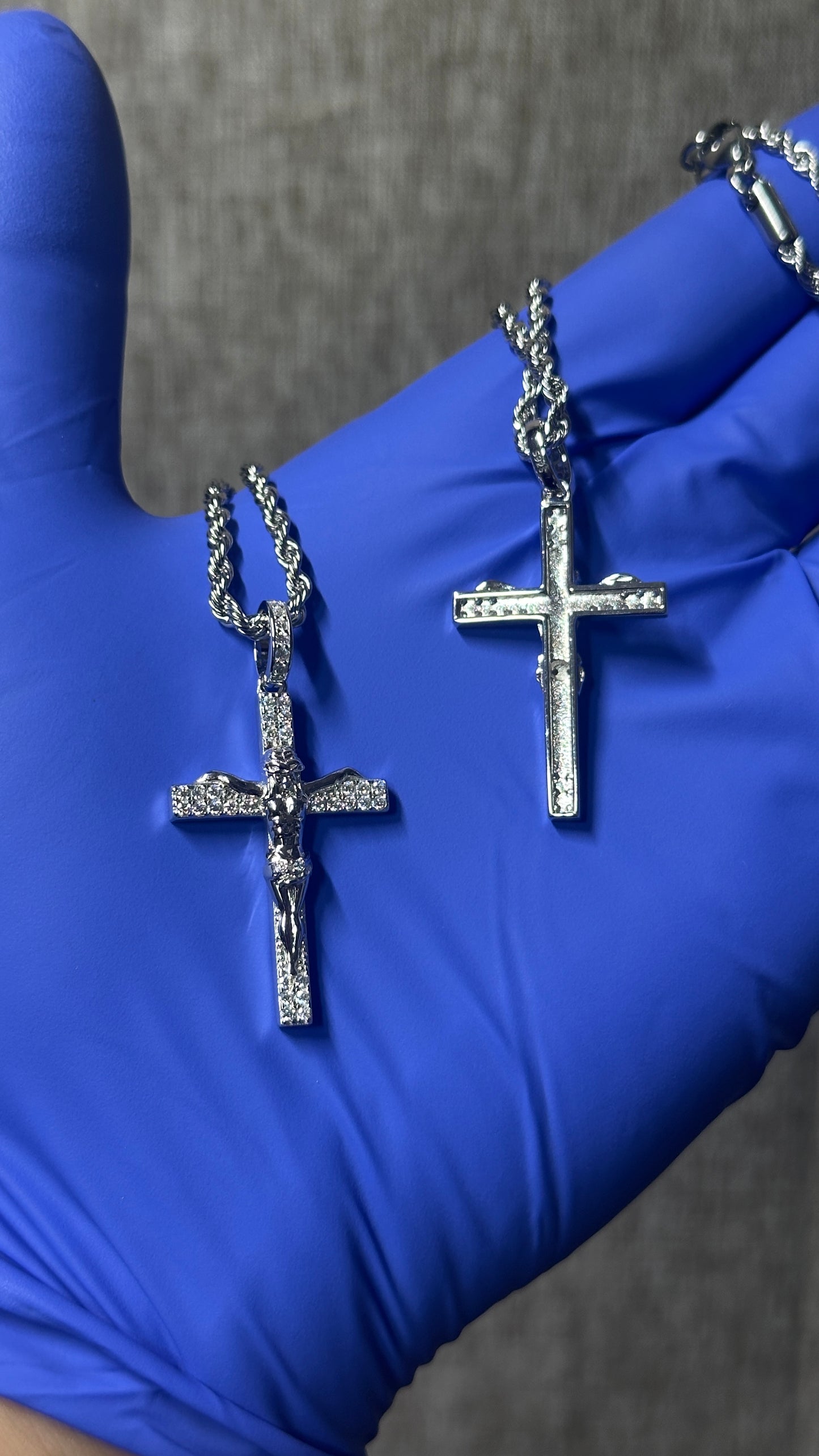 Mini Iced Crucifix Pendant w/ 3MM Rope Chain (925 Silver, Moissanite)