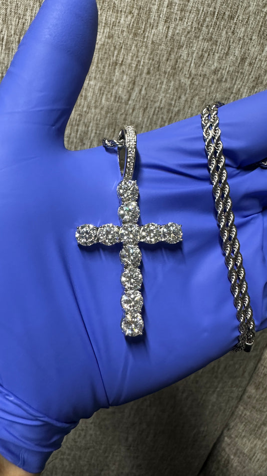 6.5MM Moissanite Cross Pendant (VVS1) 925 Silver | FREE Sterling Silver Chain