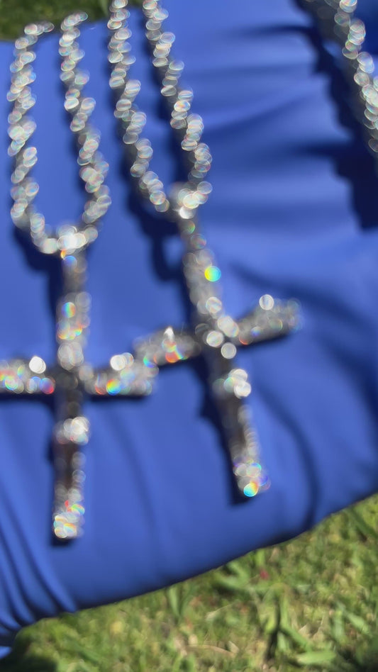 Mini Iced Crucifix Pendant w/ 3MM Rope Chain (925 Silver, Moissanite)